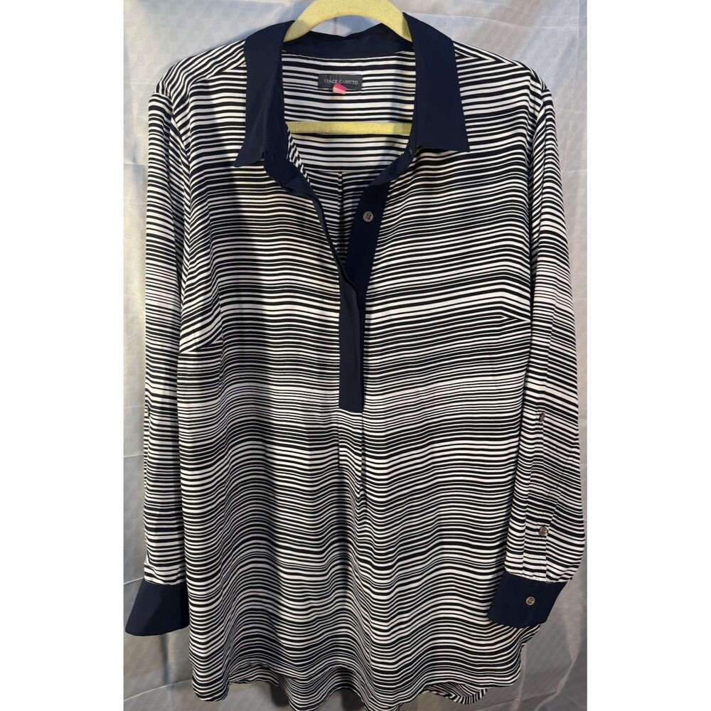 Vince Camuto 2X Elegant Navy & White Striped Blouse Top